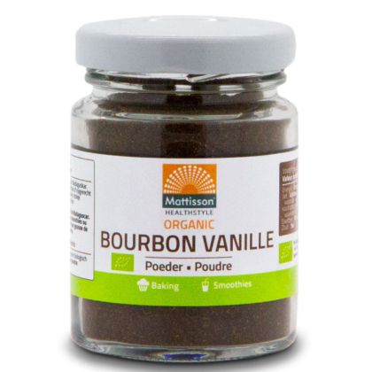 Бурбонска ванилия Органик | Organic Bourbon Vanille | Mattisson Healthstyle, 30 г 100% бурбундска ванилия на прах.  Хранителни стойности в 100 g: Енергийна стойност 1300 kJ/ 313 kCal Мазнини                     12.5 g   Наситени                   1.3 g Въ