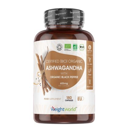 Ашваганда 600 мг + черен пипер | Organic Ashwagandha with Black Pepper | WeightWorld, 180 капсули