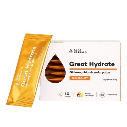 Електролити (глюкоза + калий и натрий) | Great Hydrate | Aura Herbals, 10 сашета, с вкус на маракуя