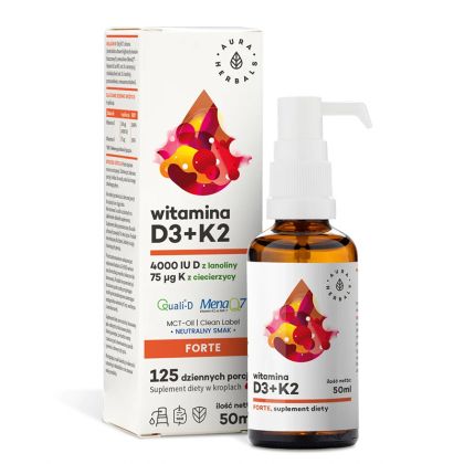 Витамин D3  1000 IU + K2 18.75 µg форте | Witamina D3+K2 forte | Aura Herbals, орален спрей 50 ml