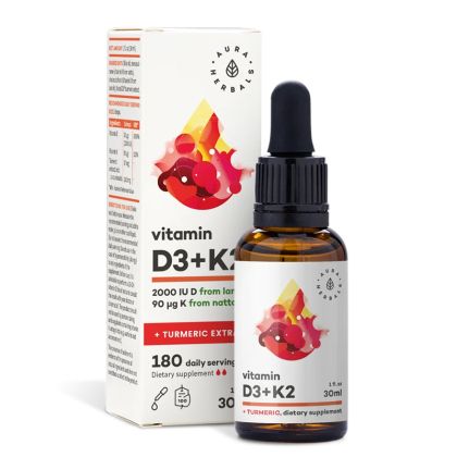 Витамин D3  800 IU + K2 36 µg + куркума | Witamina D3+K2 + ekstrakt z kurkumy | Aura Herbals, 30 ml капки
