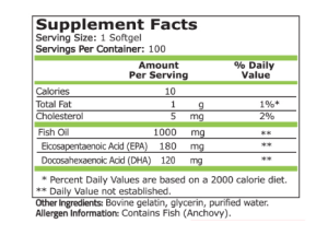 Омега 3 рибено масло | Omega 3 Fish Oil 180 EPA/120 DHA  | Pure Nutrition, 100 драж 