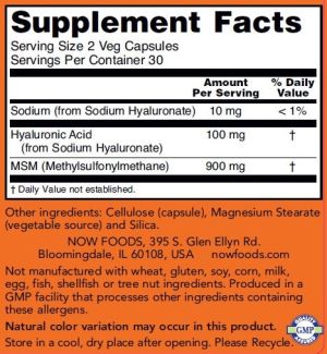 Хиалуронова киселина с МСМ 50 мг |Hyaluronic Acid | Now Foods, 60 капс 